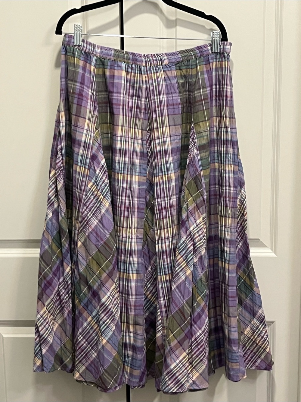 Koret Pleated Plaid Midi Skirt Large Elastic Waist Lavender Green Cotton Cottage - Picture 9 of 9